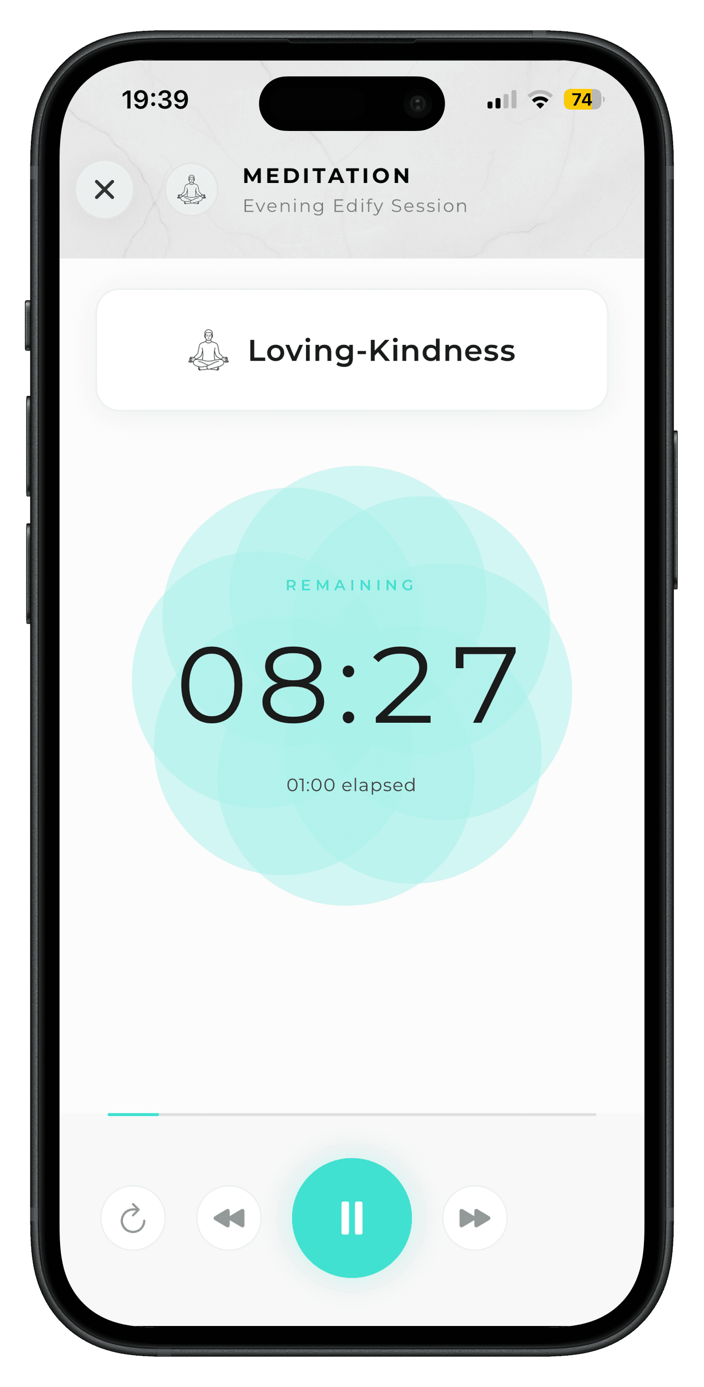 The Derivere app, running an evening meditation session